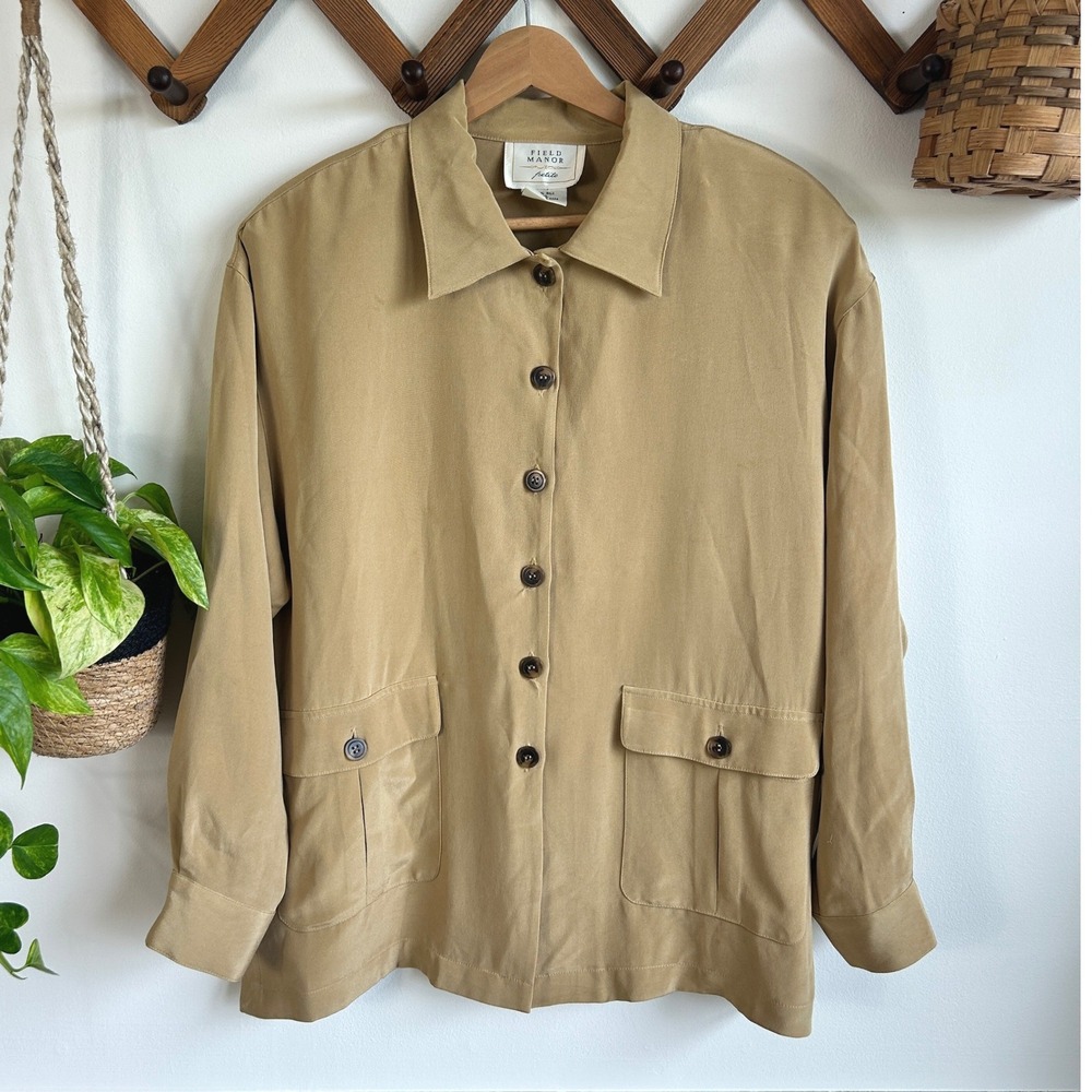 Vintage Field Manor Petite 100% Silk Button Down Shirt Tan Khaki Career Casual